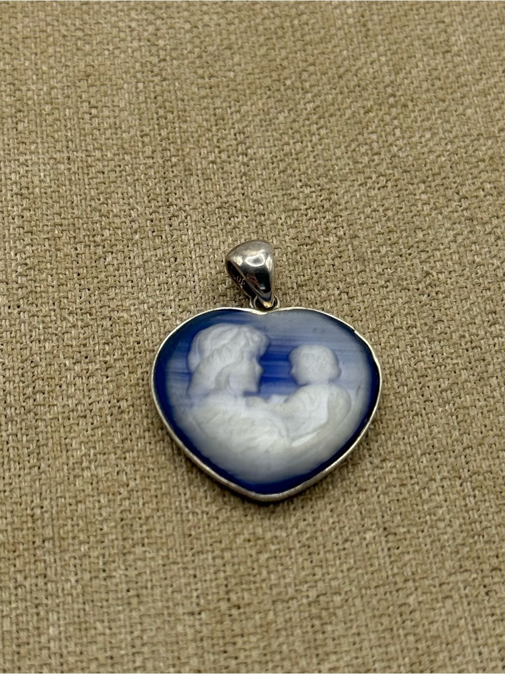 Sterling Silver Blue and White Faux Cameo Heart Pendant 925 Mother Child